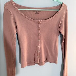 Women's Pink Button-Up Ribbed Top
